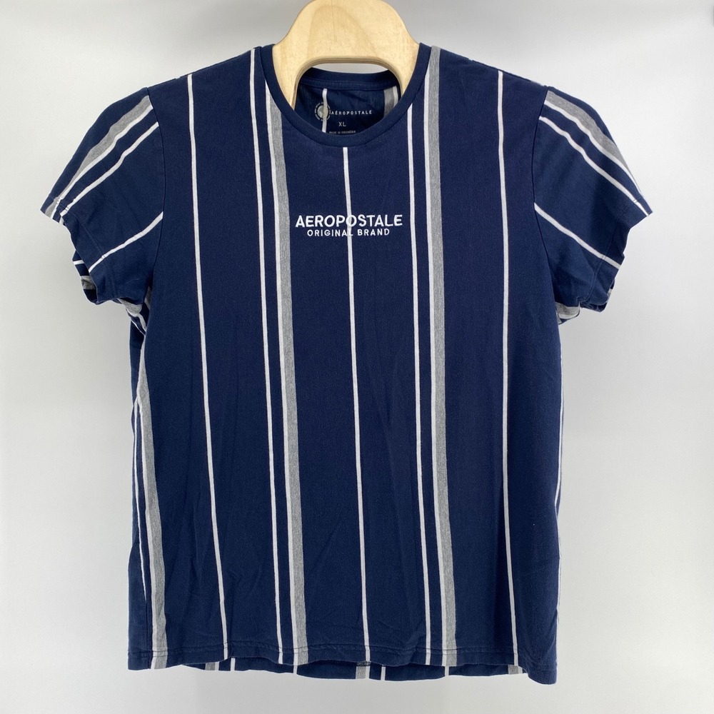 Aeropostale Mens XL Navy Blue Vertical Stripe Short Sleeve Crewneck T-Shirt